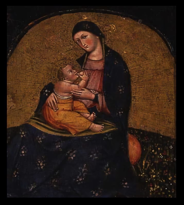 Small round-arched gold-ground panel. The Virgin, in a dark blue mantle scattered with small flower sprigs over a pink dress, sits low and nurses the Child, who is wrapped in an orange and yellow cloth on her green-lined lap. An orange cushion lies at her side, and a dark flowering meadow fills the lower right corner
