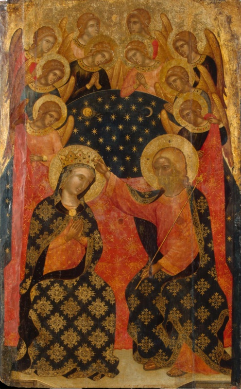 Unframed gold-ground panel. Christ, in a red tunic and a dark mantle patterned with large gold star-shaped motifs, holds a long sceptre and places a jewelled crown on the head of the Virgin, who sits beside him with joined hands in a matching dark mantle. Behind them hangs a red cloth patterned in gold, held up by winged angels, and above it a dark blue sky full of gold stars shows a sun with a face at the left and a crescent moon at the right, under a crowded choir of haloed angels