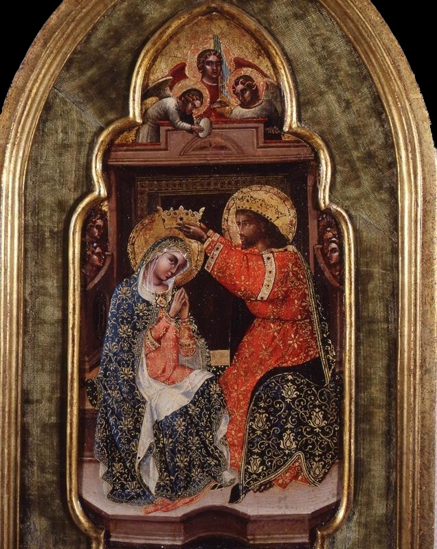 Small cusped-arched panel set in a later gilded frame on green velvet. Christ, in a red tunic patterned with gold and a dark blue mantle, raises a jewelled crown over the head of the Virgin, who sits at the left with joined hands in a blue mantle with gold flowers and a white veil. They sit in a dark architectural throne with small angel heads looking in from the sides, and above a cornice three winged angels lean over a parapet
