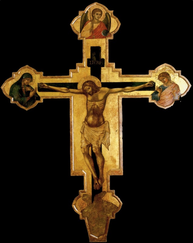 Large shaped wooden cross with a gold ground and stepped edges. The dead Christ hangs on a dark painted cross, his head fallen to his right shoulder, his ribs and swollen belly sharply modelled, a thin white loincloth at his hips and his feet crossed. In the quatrefoil terminals the grieving Virgin in green appears at the left, Saint John in pink and blue at the right, and a winged archangel holding a staff and an orb at the top. A small titulus above the head reads I.N.R.I., and the lower terminal shows a dark rocky mound