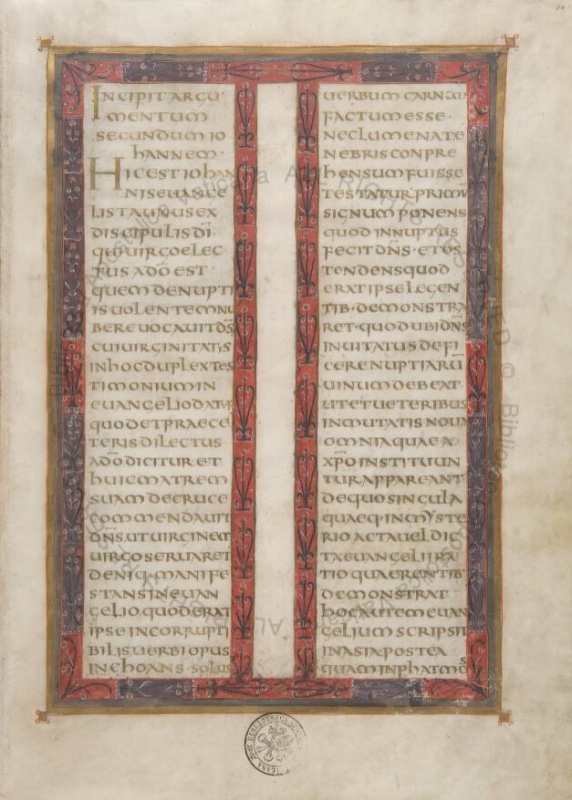 Folio from the Codex Aureus of Lorsch: the preface to the Gospel of John written in gold uncial letters in two columns, framed and divided by vermilion and purple bands decorated with rows of dark stylised trees, with an enlarged initial H opening the text