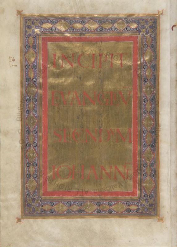 Incipit page from the Codex Aureus of Lorsch: the words Incipit Evangelium Secundum Iohannem in red capitals on a burnished gold field, framed by borders of gold lozenges, interlace and corner acanthus rosettes
