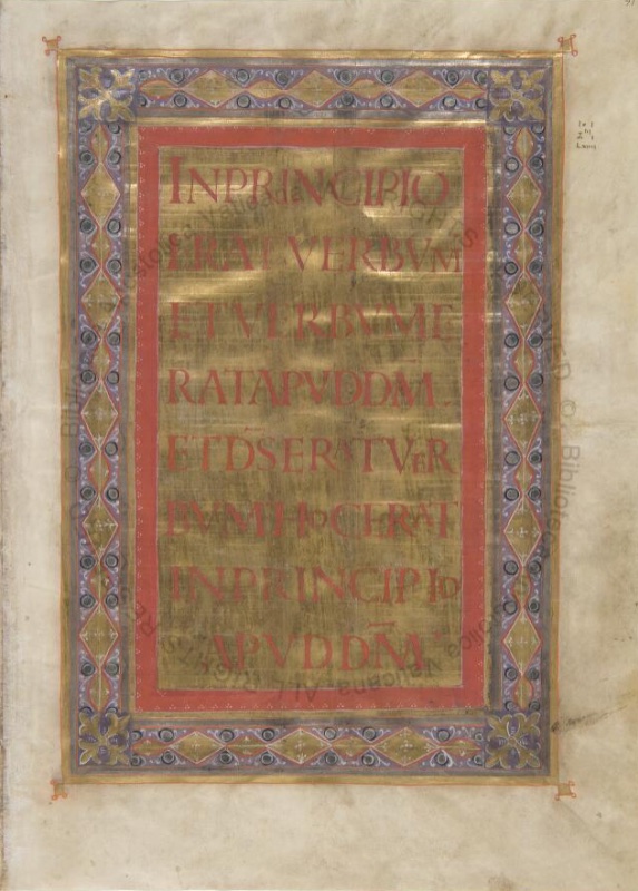 Opening page of the Gospel of John from the Codex Aureus of Lorsch: In Principio Erat Verbum in red capitals on burnished gold, within a red inner frame and jewelled ornamental border