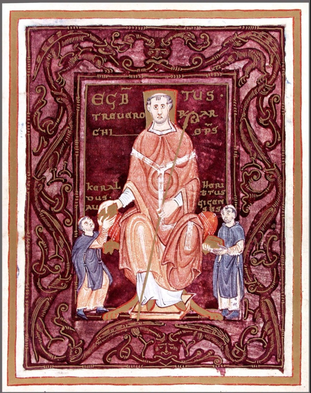Illuminated manuscript page on purple ground framed by gold foliate interlace: a tonsured archbishop in orange-red vestments sits enthroned holding a long staff, flanked by two small monks in blue-grey habits offering golden books; gold inscriptions name Egbertus, Keraldus and Heribertus