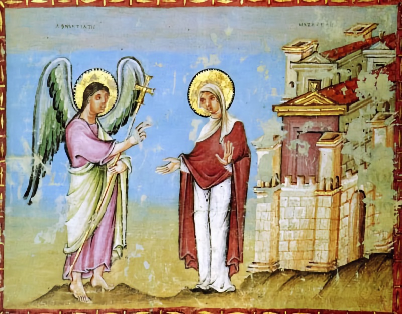Medieval miniature in a dark red frame with gold ornament, under a bright blue sky above yellowish ground: at left a barefoot angel with large green wings and a gold halo, in a lilac tunic and pale green mantle, holds a cross-topped staff and raises his hand in speech; at right the Virgin, haloed in gold, in a white veil, red-brown mantle and white gown, stands with one hand raised palm outward and the other extended towards him, before a walled city with towers, red roofs and a pedimented gateway