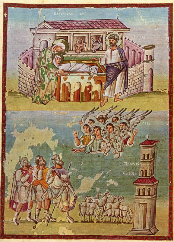 Full-page medieval miniature in two registers within a red frame: above, inside a walled city with a red-roofed building, the ox and ass look through windows at the swaddled, haloed Child lying on an arcaded manger, with the haloed Virgin in a green mantle bending over him at left and the haloed Joseph in white and violet standing at right; below, against a blue-green sky with large paint losses, a crowd of winged, haloed angels on a cloud appears to three bearded shepherds with staffs and their grazing flock, beside a tall tower with red roofs