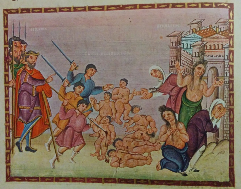 Medieval miniature in a dark frame with gold ornament, under a grey-violet sky: at left a crowned, bearded king in purple and red points forward, with spear-bearing guards behind him; in the centre three soldiers in short tunics attack naked children with swords and a lance, while dead children lie heaped on the ground; at right, before a walled city with towers and red roofs, mothers with loose hair and bared breasts lament, one raising her arms, one kneeling, one covering her face