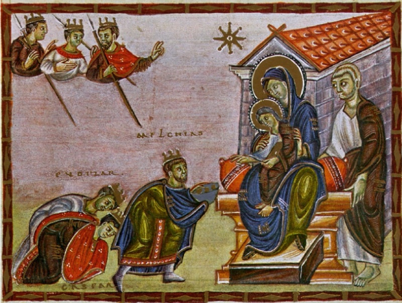 Medieval miniature in a gold and marbled tiled frame on a soft pink ground: at upper left three crowned kings, shown half-length with tall staffs, point to a large gold star; below, the same kings approach the Virgin, haloed in gold and seated on a cushioned throne before a red-roofed house with the haloed Christ Child on her lap, two kings bowing to the ground while the third offers a gold-and-blue vessel, and Joseph standing behind the throne