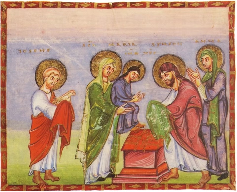Medieval miniature in a red frame with gold ornament, against a ground shading from pale rose to blue above green: five haloed figures in a row; at left a man in white and red holds a white bird; beside him a woman in green extends her hands towards a small boy in blue seated above a red altar with a gold-patterned top; at right a bearded old man in red-purple bends forward to receive the boy with hands covered by a green cloth, while behind him a woman in a green veil and violet robe raises both hands