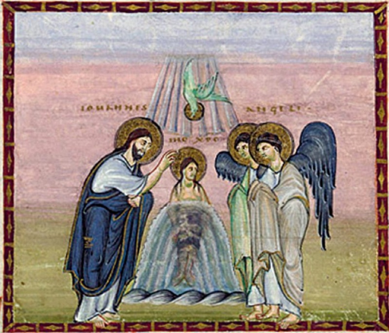 Medieval miniature in a red frame with gold ornament, against a blue-violet ground: at centre the naked, haloed Christ stands frontally in a tall rounded mound of greenish water; at left a bearded, haloed John the Baptist in a white tunic and blue mantle lays his hand on Christ's head; above, a dove descends in a beam of rays; at right two haloed angels with blue wings stand with their hands hidden in their mantles