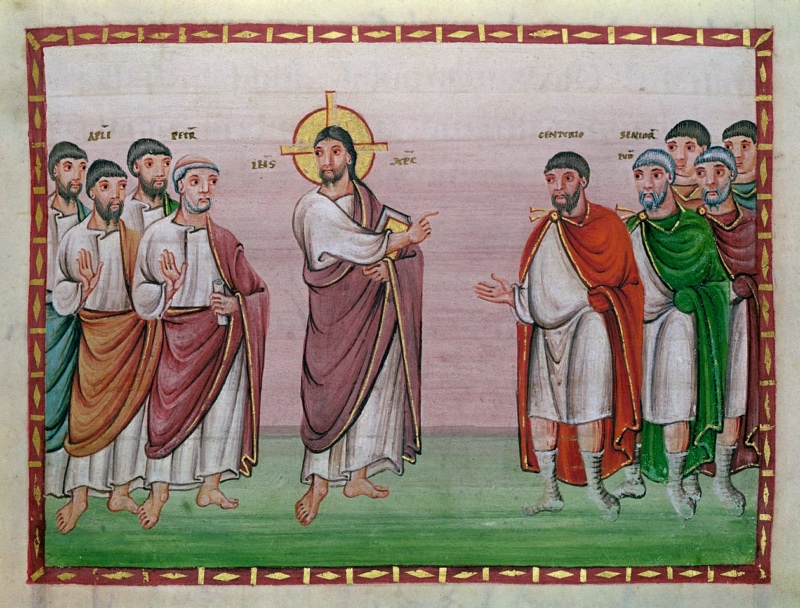 Medieval miniature in a dark red frame with gold ornament, against a pale pink sky above green ground: at left a group of barefoot apostles in white tunics and coloured mantles, a white-haired figure in front raising his hand; in the centre a bearded Christ with a gold cross-halo, holding a book and pointing towards the right; at right a bearded man in a bright red-orange cloak stretches out his open hand, followed by grey-bearded men in green and purple cloaks wearing shoes and bound leggings
