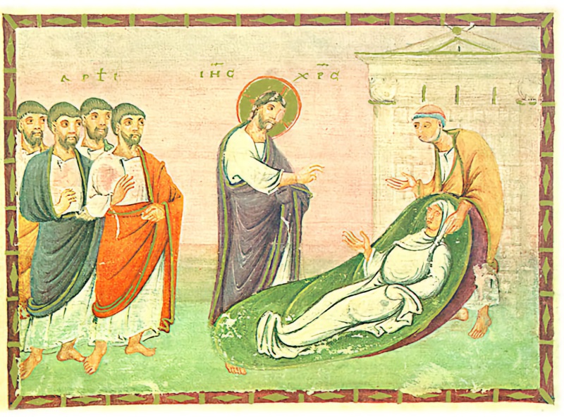 Medieval miniature in a framed border, against a pale rose ground above green earth: at left a group of bearded apostles, two holding white books; in the centre a bearded Christ with a gold cross-halo, in a white tunic and violet mantle, raises his hand; at right a woman in white robes and veil lies on a curved green couch, lifting both hands towards him, while a man in an ochre mantle and cap bends over her, supporting her head, before a pale pedimented building