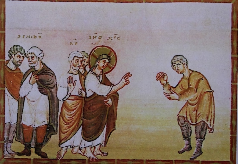 Medieval miniature against a pale reddish sky above yellowish ground: at left two bearded men in cloaks and boots lean their heads together; in the centre a beardless Christ with a gold halo, followed by two apostles, one white-haired raising his palm, points two fingers towards the right; at right a man in a short ochre tunic and dark boots bends forward, holding out a stiff, curled hand supported by the other