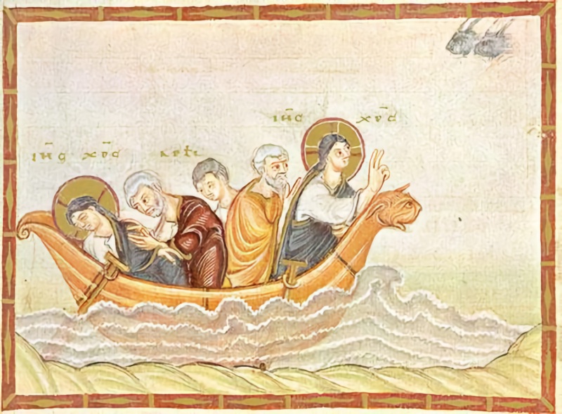 Medieval miniature in a red frame: a wooden boat with an animal-headed prow rides white-crested waves under a pale sky; at the left end a haloed Christ sleeps with his head bowed while a white-haired apostle leans over to wake him, other apostles crowd the middle of the boat, and at the right end the same haloed Christ stands upright raising his hand towards two dark wind heads blowing in the upper right corner