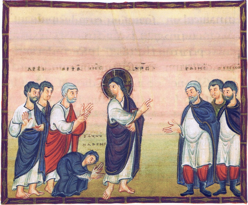 Medieval miniature in a dark red frame with gold ornament, against a pale rose sky above yellowish ground: at left a group of apostles, one white-haired in a red mantle raising his hands; at the centre a beardless, haloed Christ in a white tunic and violet mantle moves to the right but turns his head to look down at a crouching woman in a dark blue mantle who reaches for the hem of his garment; at right a grey-bearded man in a blue cloak, red hose and boots stretches out his hand, followed by two companions in similar dress