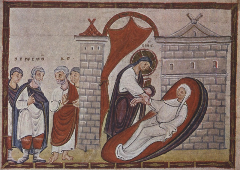 Medieval miniature in a dark red frame, against a pale ground: at left, outside a masonry tower, a grey-bearded man in a blue cloak, white tunic and red hose raises a finger as he speaks to a grey-haired barefoot man in a red mantle, with two companions behind them; at right, beneath an arch hung with a red curtain drawn aside, a haloed Christ in a white tunic and violet mantle bends to take the hand of a girl in white robes and veil lying on a curved red couch, who looks up at him, before a large building of ashlar masonry