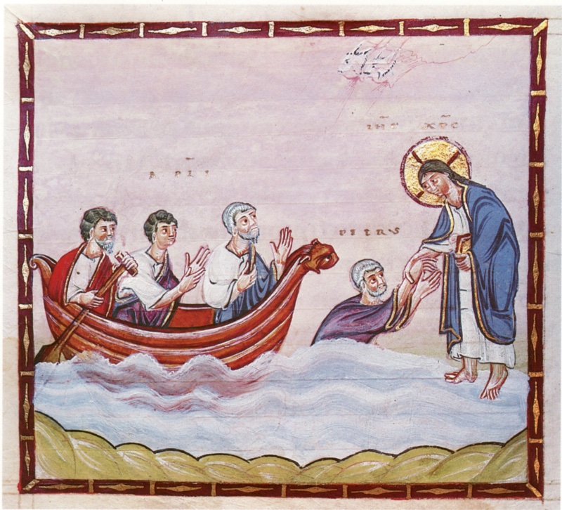 Medieval miniature in a dark red frame with gold ornament, above white-crested blue waves and a strip of green shore: at left three apostles sit in a red boat with an animal-headed prow, one holding an oar, the others raising their hands; at centre a white-haired man in a violet mantle, sunk to the waist in the waves, reaches up with both hands; at right a haloed, bearded Christ in a white tunic and blue mantle stands on the water, holding a book and grasping his wrist; a faint white wind head blows from the upper right corner
