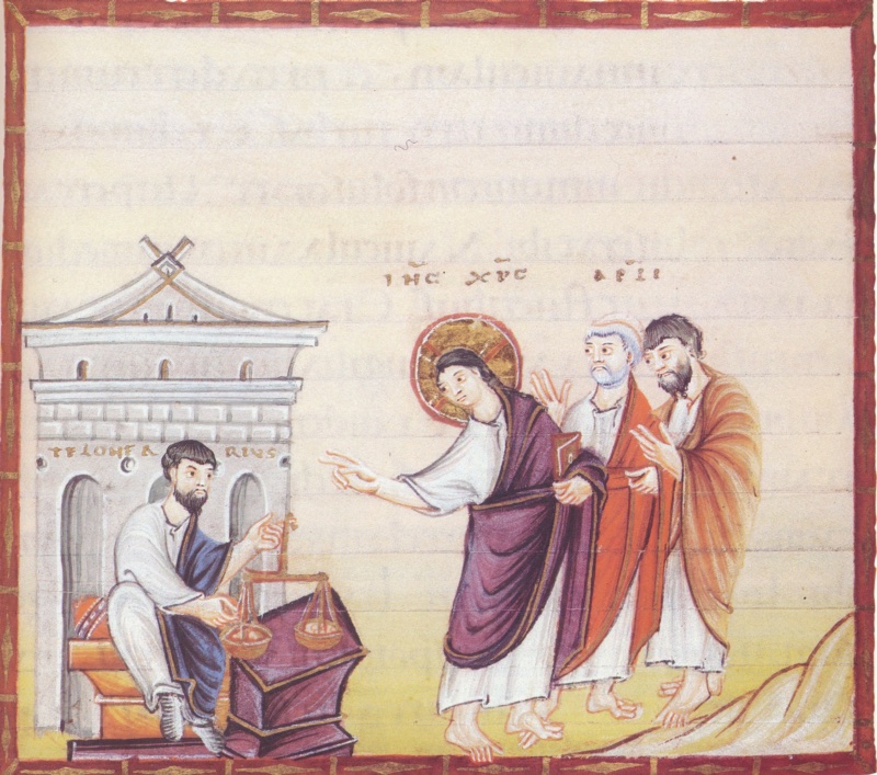 Medieval miniature in a red frame with gold ornament, on a pale ground with faint show-through writing: at left a bearded man in a white tunic and blue mantle sits on a cushioned stool before an arched building inscribed TELONEARIUS, holding a pair of golden scales on a violet table and raising a finger; at right a haloed Christ in a white tunic and violet mantle, holding a book, leans forward and points at him, followed by two apostles, one white-haired in red, one dark-haired in ochre, raising their hands