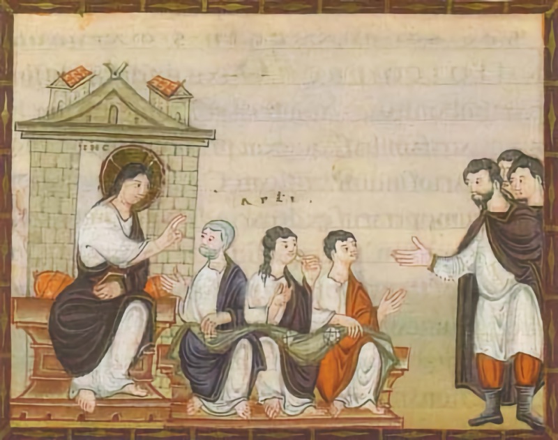Medieval miniature in a dark frame, on a pale ground with faint show-through writing: at left a haloed Christ in a white tunic and dark violet mantle, holding a book, sits on a cushioned bench before a masonry building with a pediment and small red-roofed towers, raising his hand; beside him three apostles sit on a long bench with a green cloth spread over their laps, one raising his hand to his mouth; at right three bearded men in white tunics, dark cloaks, red hose and boots stand facing them, the foremost stretching out his hand