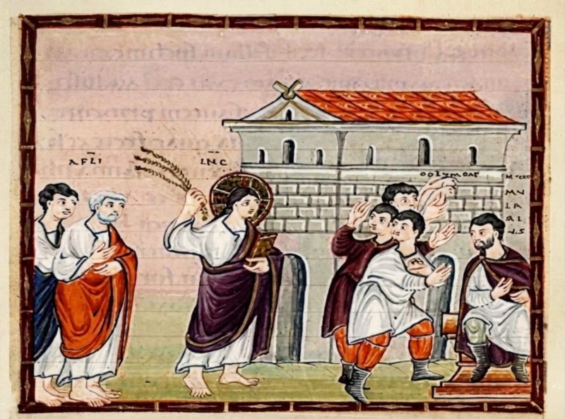 Medieval miniature in a dark red frame, on a pale ground with faint show-through writing: at left two apostles, one young in blue, one white-haired in red with clasped hands; at centre a haloed Christ in a white tunic and violet mantle, holding a book, strides forward raising a bundle of cords above his head; at right, before a long masonry building with a red tiled roof and arched doors, three young men in short tunics, red hose and boots recoil with raised hands, and a bearded man in a white tunic and violet cloak sits on a low stool