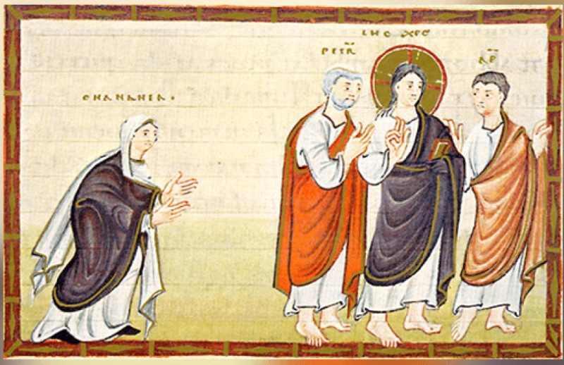 Medieval miniature in a dark red frame, on a pale violet-white ground above yellow-green earth with faint show-through writing: at left a woman in a white veil and robe and dark violet mantle bows forward with both hands outstretched; across an empty interval at right a haloed Christ in a white tunic and violet mantle, holding a book, raises his hand in speech, between a white-haired apostle in a red mantle and a young apostle in an ochre mantle, both gesturing towards him