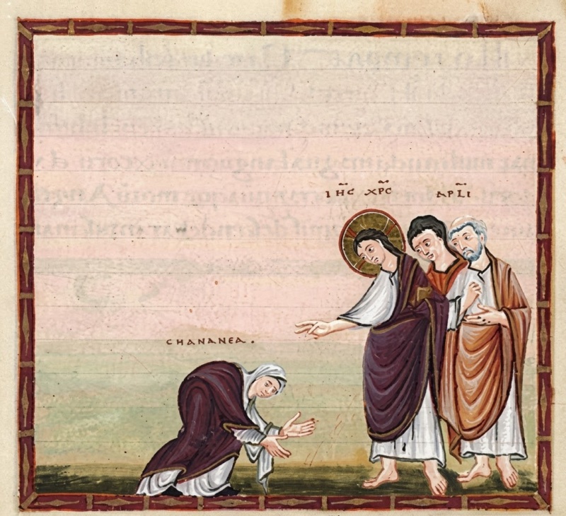 Medieval miniature in a dark red frame, on a pale rose ground above green-yellow earth with faint show-through writing: at left a woman in a white veil and robe and violet mantle kneels and bows low, stretching out her hands; at right a haloed Christ in a white tunic and violet mantle, holding a book, bends towards her and extends his open hand, followed by a young apostle in red and a white-haired apostle in an ochre mantle