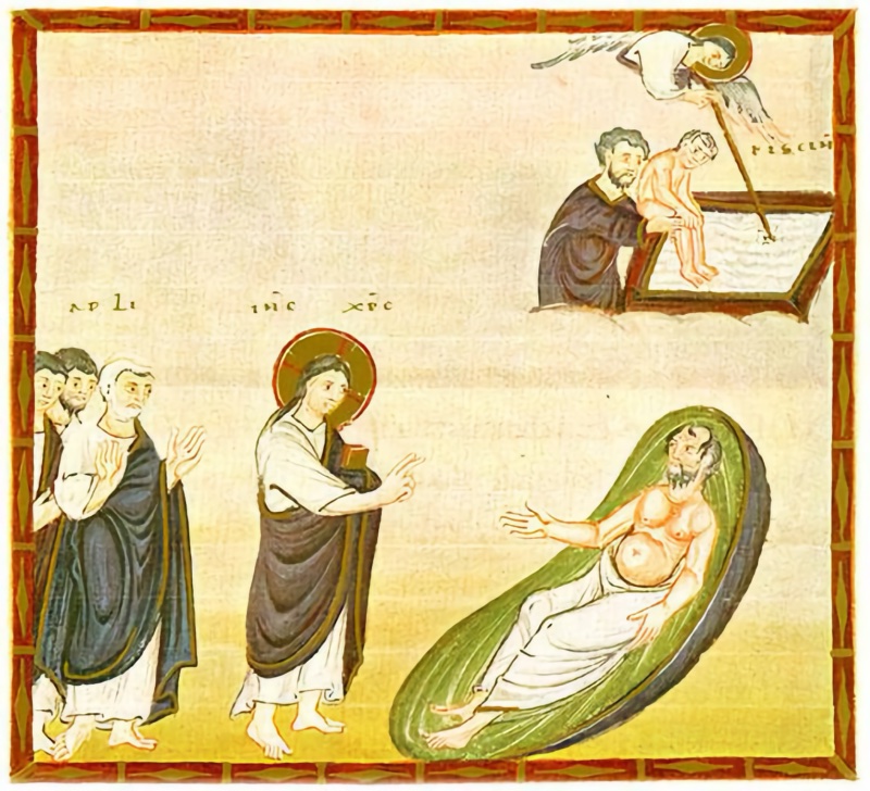 Medieval miniature in a red frame, on a pale ground above yellow-green earth: in the upper right corner a winged, haloed angel swoops down and stirs a rectangular pool with a long staff, while a bearded man lowers a naked sick person into the water; below at right a bearded, half-naked man lies on a long curved green and violet bed, stretching out his hand; at centre a haloed Christ in a white tunic and violet mantle, holding a book, raises two fingers towards him; at left a white-haired apostle in a dark mantle raises his hands, with other apostles behind him