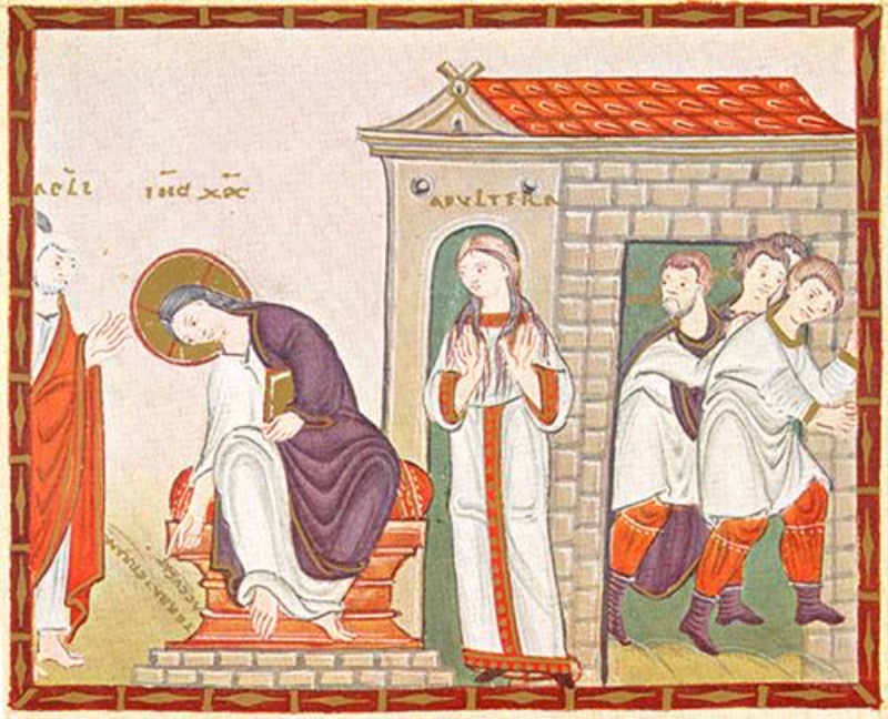 Medieval miniature in a red frame: at left a haloed Christ in a white tunic and violet mantle sits on a cushioned seat raised on steps, bending sharply forward to write with his finger on the ground, where small letters run diagonally, while a white-haired apostle in a red mantle stands behind him; at centre, in the arched doorway of a building with a red tiled roof, a woman with long loose hair in a white gown with red borders raises both hands; at right three men in white tunics and coloured hose leave through another door, one looking back