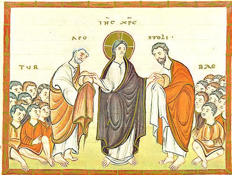 Medieval miniature in a red frame, on a pale ground: at centre a frontal, haloed Christ in a white tunic and dark violet mantle stretches out both arms, handing round loaves to two apostles beside him, a white-haired one in ochre at left and a dark-haired one in orange-red at right, who receive the bread with covered hands; in both lower corners crowds of young men sit on the ground in tiers