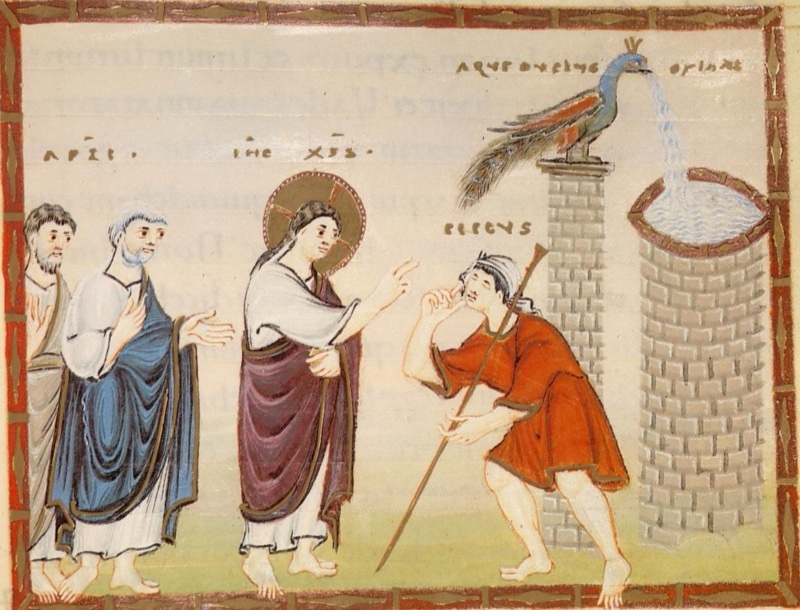 Medieval miniature in a red frame with gold ornament, on a pale ground with faint show-through writing: at left two apostles, one white-haired in a blue mantle with a hand on his chest; at centre a haloed Christ in a purple mantle over a white tunic, holding a book and raising two fingers; beside him a stooping blind man in a short red tunic and white head-cloth leans on a long staff and puts a hand to his eye; at right a peacock on a tall brick column pours water from its beak into a round brick basin, with gold inscriptions above