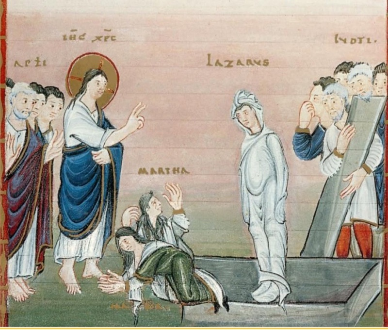 Medieval miniature against a sky shading from violet to rose above green earth: at left a haloed Christ in a white tunic and blue mantle raises two fingers, with apostles behind him; at his feet a woman in a green mantle with loose hair lies prostrate clasping his feet, and another in white kneels with raised hand; at centre a figure wrapped from head to foot in white graveclothes stands upright in an open grey stone tomb; at right a group of men in white and blue with red hose hold up a tilted grey slab, the foremost pressing his hand to his nose