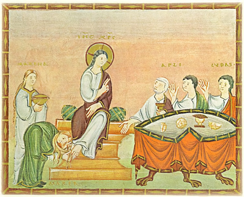 Medieval miniature in a red frame with gold ornament: at centre a haloed Christ in a white tunic and red-brown mantle sits on a stepped seat with green cushions, raising his hand; at his feet a woman in a green mantle bows low and wipes his foot with her long loose hair, while behind her a long-haired woman in white holds a bowl; at right three figures sit behind a semicircular table covered with a white cloth and red drapery on claw feet, with loaves and a goblet on it, a white-haired man holding a cup and a young man in red raising his hands