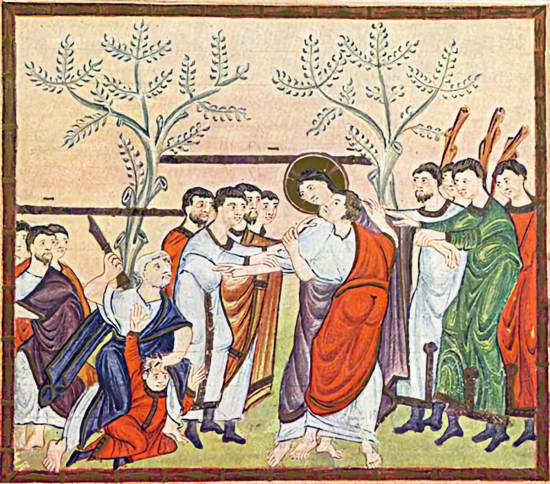 Medieval miniature in a dark frame, against a rose sky with two tall grey-white stylised trees above green ground: at centre a haloed Christ in a violet mantle stands still while a man in a white tunic and broad red mantle embraces and kisses him, and many hands reach towards him from both sides; at right a group of men in white, green and red garments hold up wooden staves; at lower left a white-haired man in a dark blue mantle raises a sword over a young man in red who has fallen to the ground and lifts his hand to his head