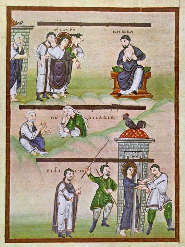 Full-page medieval miniature in three registers separated by dark purple bands with gold lettering: at top a haloed Christ in violet is led by men towards a man in violet seated on a red-yellow throne who pulls open the neck of his garment, while a white-haired man in blue stands by a tower at the left; in the middle a white-haired man in blue sits and raises his hands before a veiled woman in green, and a cock stands on a grey tower with a red domed roof; at bottom a man in a white tunic and dark cloak points as two servants in white and green bind and beat a haloed Christ in a blue tunic against a masonry tower