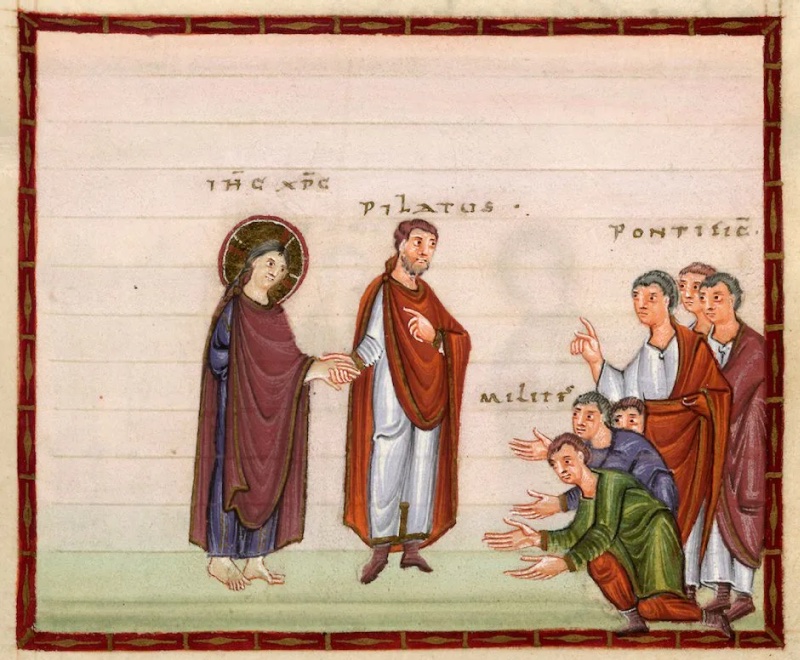 Medieval miniature in a dark red frame, on a pale rose ground with visible ruling above green earth: at left a haloed Christ in a blue tunic and red-brown mantle stands barefoot and frontal, held by the hand by a bearded man in a white tunic and red mantle who gestures towards the right; at right two men in green and blue bend forward with outstretched hands, while behind them a group of men in red mantles stands, the foremost pointing his finger