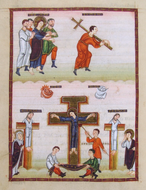 Full-page medieval miniature in two registers within a dark red frame, on a pale rose ground with visible ruling: above, a haloed Christ in a blue tunic and red-brown mantle is led barefoot by soldiers in white and green, while ahead of them a man in red carries a gold cross on his shoulder; below, beneath a red sun and a white moon personified as busts, a haloed Christ with open eyes, clothed in a long blue tunic, hangs on a large gold cross between two men in white on yellow crosses; at the foot two soldiers sit holding a dark garment, a man in red raises a reed with a sponge, and at the edges a veiled woman and a haloed young man in dark mantles raise their hands to their faces