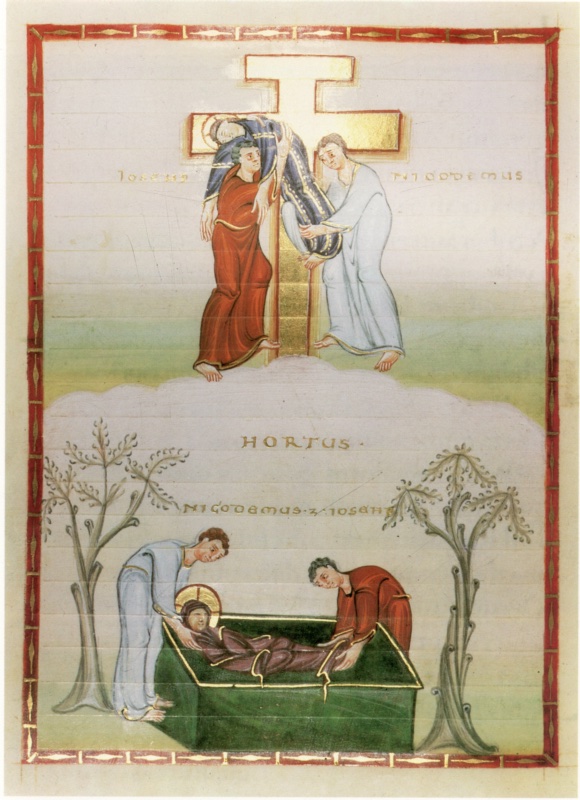 Full-page medieval miniature in two registers within a red frame with gold ornament, on a pale rose ground with visible ruling: above, before a gold cross with a red border standing on a pale mound, a man in red carries the limp, haloed body of Christ in a blue tunic over his shoulder, while a man in white bends to draw a nail from Christ's feet with pincers; below, between two tall grey stylised trees, two men, one in pale blue and one in red, lower the haloed body of Christ wrapped in violet into an open green sarcophagus with gilded edges