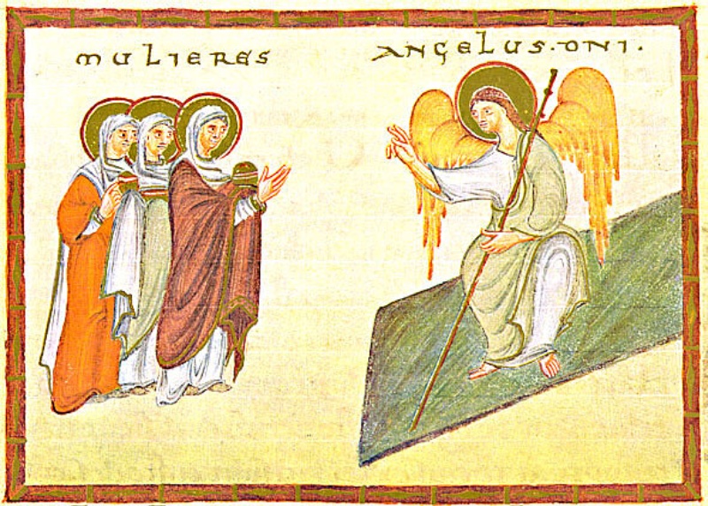 Medieval miniature in a red frame, on a pale ground: at left three haloed women in veils and garments of red, white, green and violet stand close together holding round vessels, the foremost stretching out her hand; at right a haloed angel with large yellow wings, in a white tunic and green-yellow mantle, sits on a large tilted green slab holding a long staff and raising his hand towards them