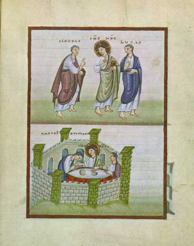Full-page medieval miniature in two registers within a dark red frame, on a pale rose ground with visible ruling: above, three men walk side by side on green ground, a haloed Christ in a white tunic and greenish mantle holding a book between a man in violet who raises his hand and a man in blue; below, inside a small walled enclosure of grey masonry with green corner towers, the haloed Christ sits at a round table covered in red with a loaf on it, flanked by two men, one leaning forward over the table