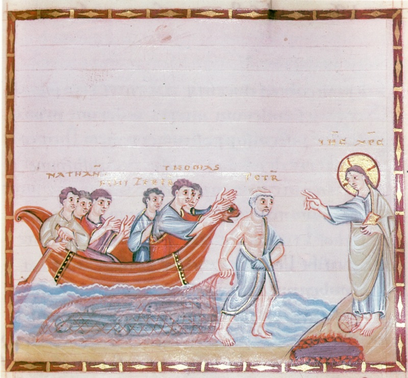 Medieval miniature in a red frame with gold ornament, on a pale ground with visible ruling: at left six disciples sit in a red boat with an animal-headed prow on white-crested waves, one rowing and the others stretching out their hands; at centre a white-haired, half-naked man with a bluish cloth around his loins wades through the shallows, dragging a red net full of fishes; at right a haloed Christ in pale robes, holding a book, stands on a rocky shore and stretches out his hand, with a fire of red coals bearing a fish and a round loaf at his feet