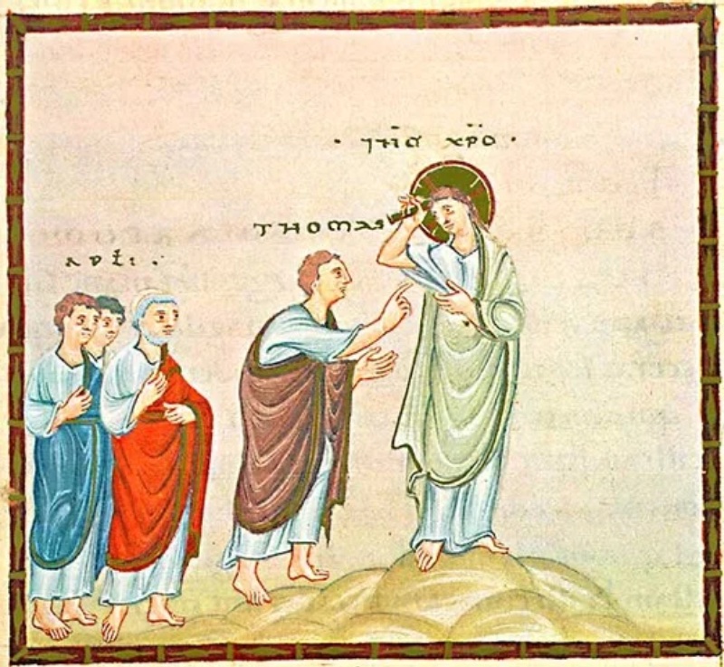 Medieval miniature in a dark frame, on a pale rose ground with faint show-through writing above yellow-green earth: at left a group of apostles in white tunics and blue and red mantles, the foremost white-haired; at centre a young man in a violet mantle steps forward and points his finger towards the side of a haloed Christ in a white tunic and greenish mantle, who stands on a low mound, raises his right arm above his head and draws back his garment with his left hand to reveal his side