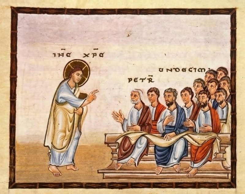 Medieval miniature in a dark frame, on a pale lilac ground above yellow-green earth: at left a haloed Christ in a white tunic and yellow-green mantle stands alone, raising his index finger; at right eleven men sit in two rows on a long bench, the front row with a long yellow-green cloth across their laps, the foremost white-haired in a violet mantle raising his hands, the others in red, blue and violet mantles turning towards Christ