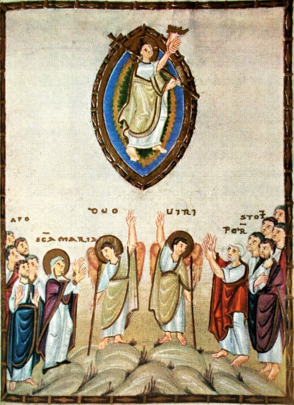 Tall medieval miniature in a dark frame, on a pale ground: above, within an almond-shaped mandorla with a blue and green interior and borders of gold and purple, a haloed Christ in a white tunic and yellow-green mantle strides upward in profile, holding a staff and grasping a hand that reaches down from above; below, on a hill of yellow and grey mounds, two haloed angels with red-yellow wings and staffs point upward, flanked by groups of apostles raising their hands, among them a haloed woman in violet at left and a white-haired man in red at right