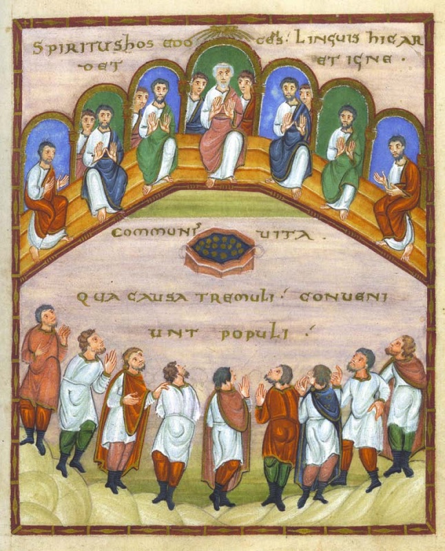 Full-page medieval miniature in a red frame with gold ornament, on a pale rose ground: above, twelve men in mantles of red, violet, blue and green sit on a stepped, angled bench beneath an arcade of niches alternating blue and green, raising their open hands, with a white-haired man in red at the centre and a small white dove with rays at the top, between lines of gold lettering; at the centre a low red vessel filled with gold coins; below, a crowd of men in white tunics, cloaks, coloured hose and dark boots stand on uneven ground looking upward, some raising their hands, beneath further lines of gold lettering