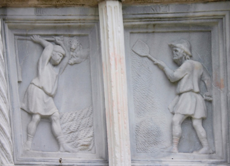 Fontana Maggiore, Perugia: July relief, a man threshing grain with a flail beneath the lion of Leo, beside a winnower with a shovel