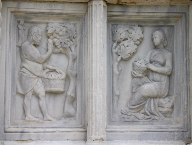 Fontana Maggiore, Perugia: August relief, a man picking figs from a tree and a seated woman holding a basket of fruit