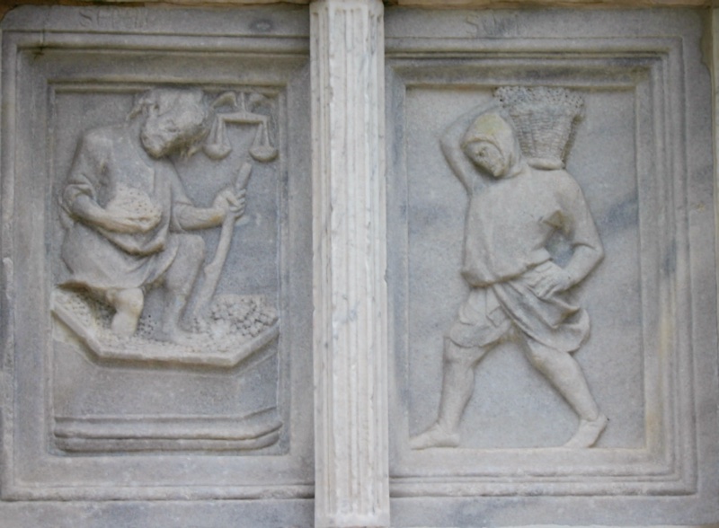 Fontana Maggiore, Perugia: September relief, a man treading grapes while holding the scales of Libra, beside a porter carrying a grape basket