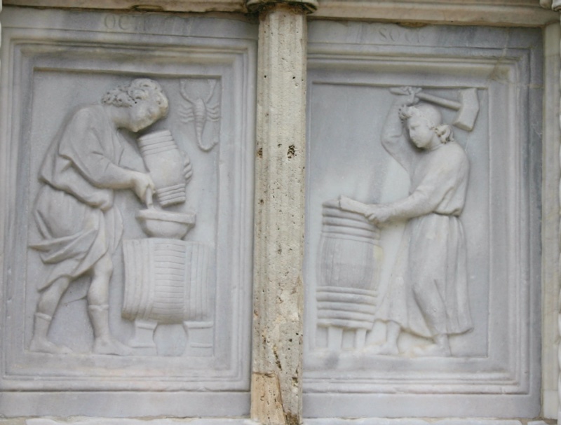 Fontana Maggiore, Perugia: October relief, a man decanting new wine into casks beneath the scorpion of Scorpio, with a cooper sealing a barrel
