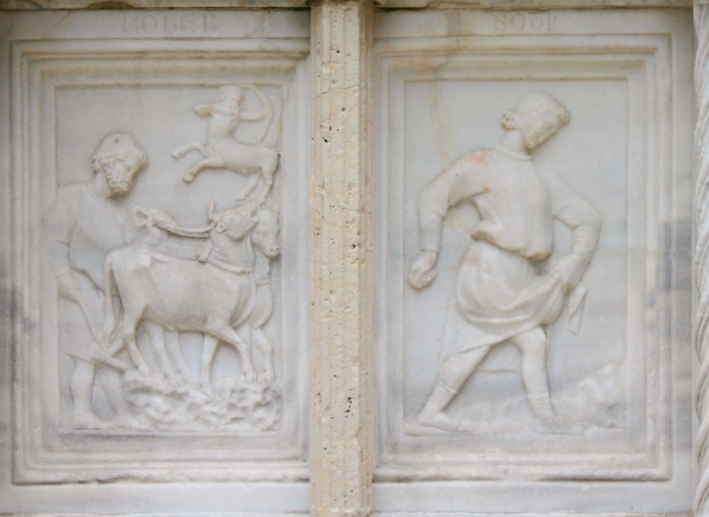 Fontana Maggiore, Perugia: November relief, a ploughman driving two oxen beneath the centaur of Sagittarius, beside a striding sower