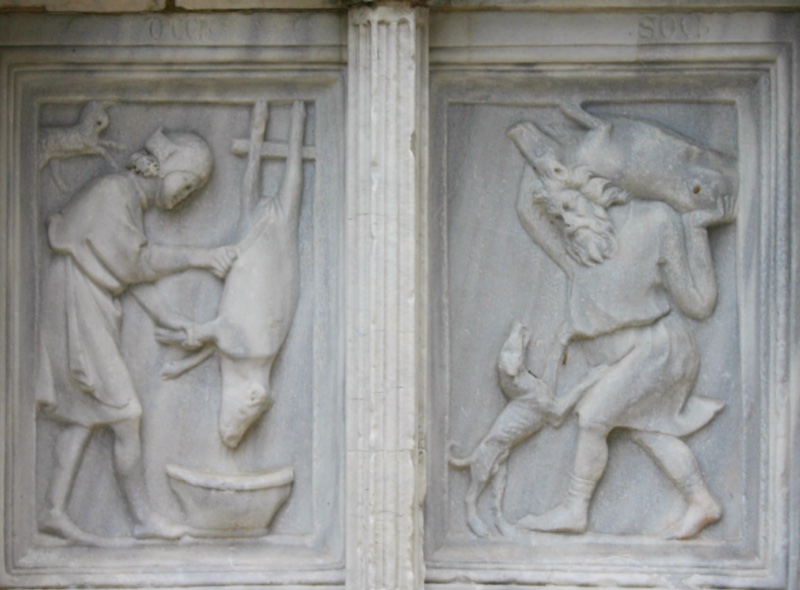 Fontana Maggiore, Perugia: December relief, a man butchering a hanging pig and his companion carrying the carcass home, greeted by a dog